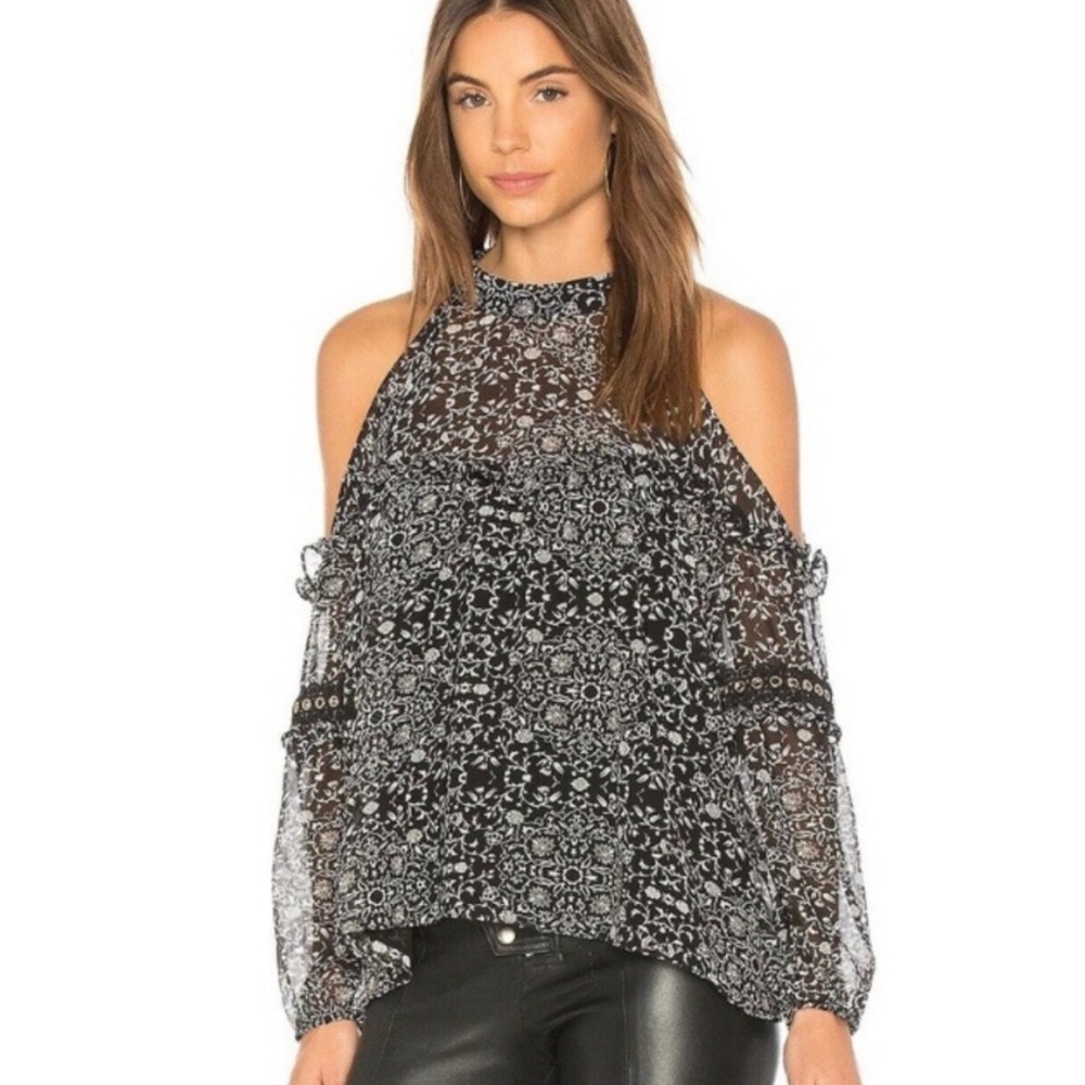 MISA LOS ANGELES black with white floral print cold shoulder blouse/top size XS
